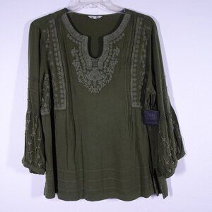 John Mark Embroidered Tunic Top Women's Plus Size 1X Green Peasant Boho Flowy